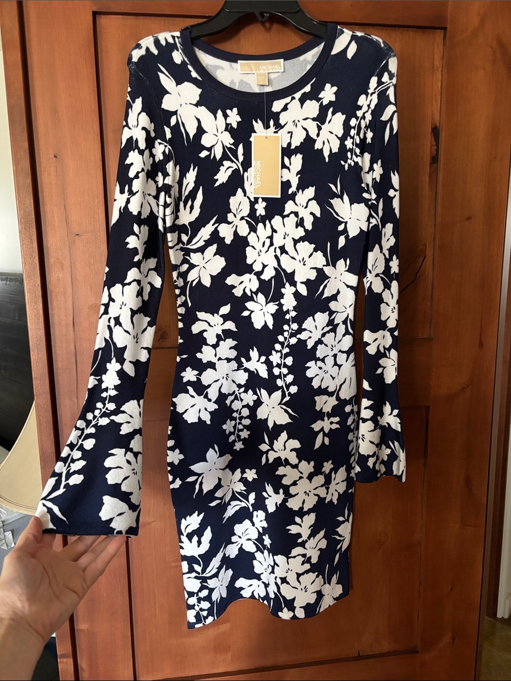Michael Kors Navy and White Floral Long-Sleeve Sheath Dress